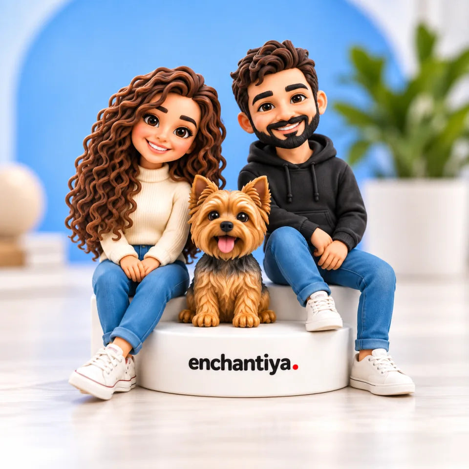 Figurine personalizate ale unui cuplu cu un Yorkshire terrier