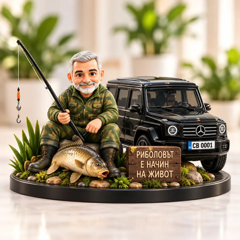 Scenă în miniatură cu un pescar, un pește și un SUV negru